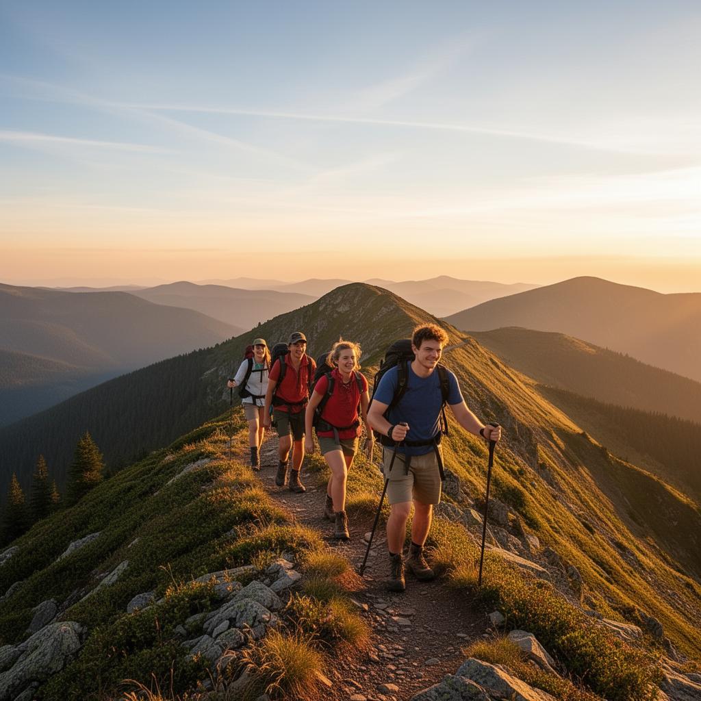 Group of friends hiking on a mountain ridge