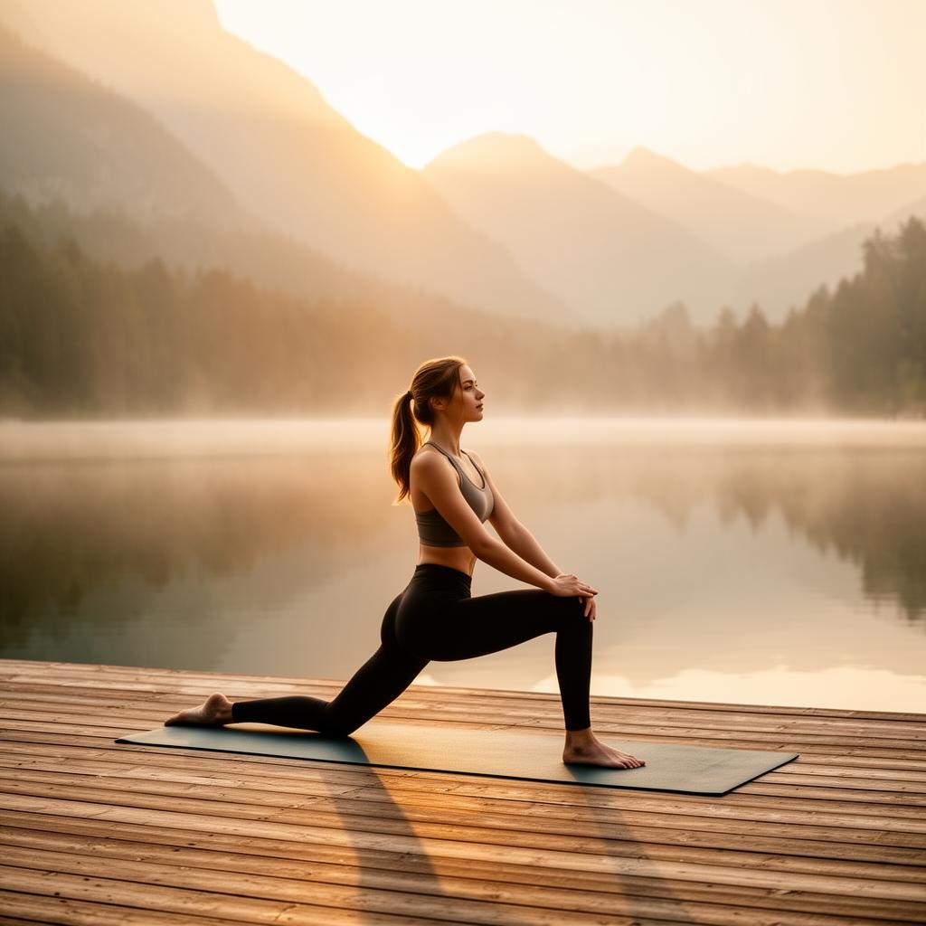 Woman practicing yoga on a deck overlooking a mountain lake at sunrise