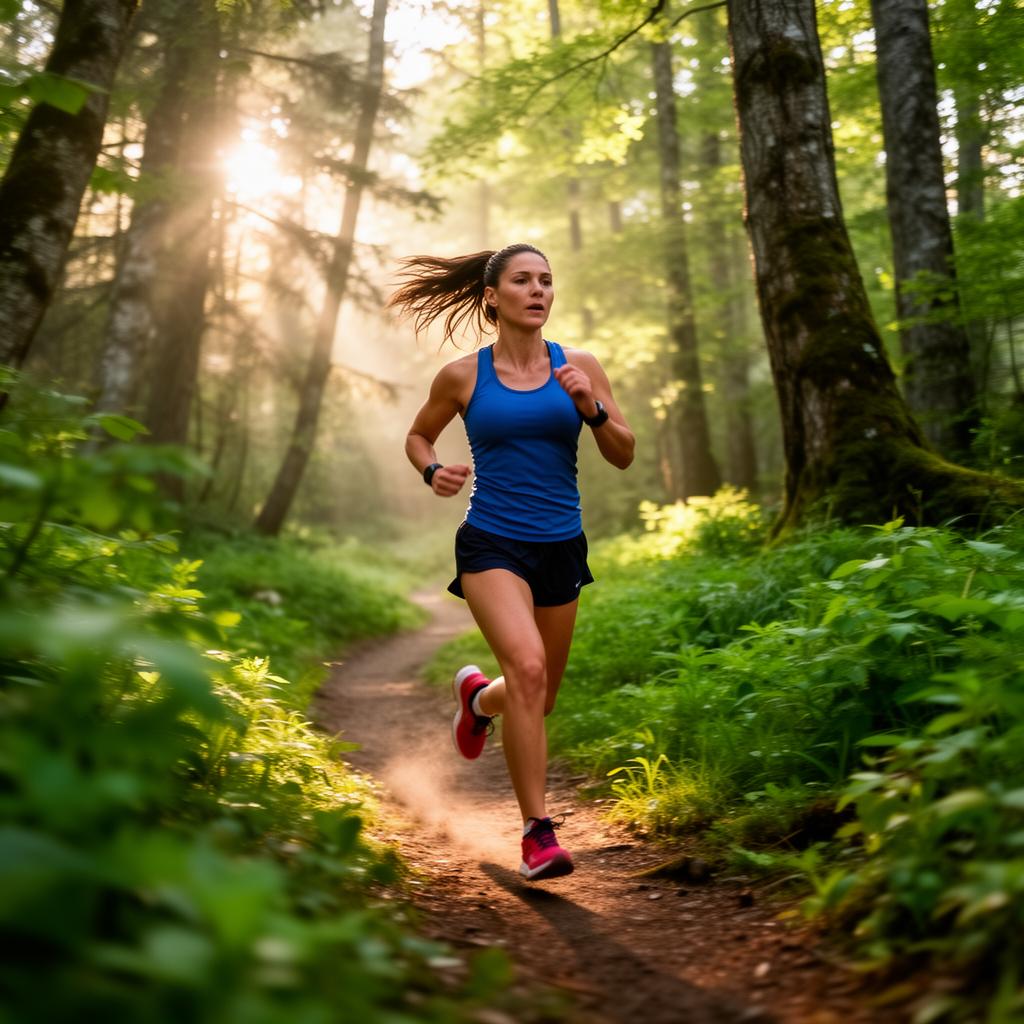 Woman trail running through a forest path