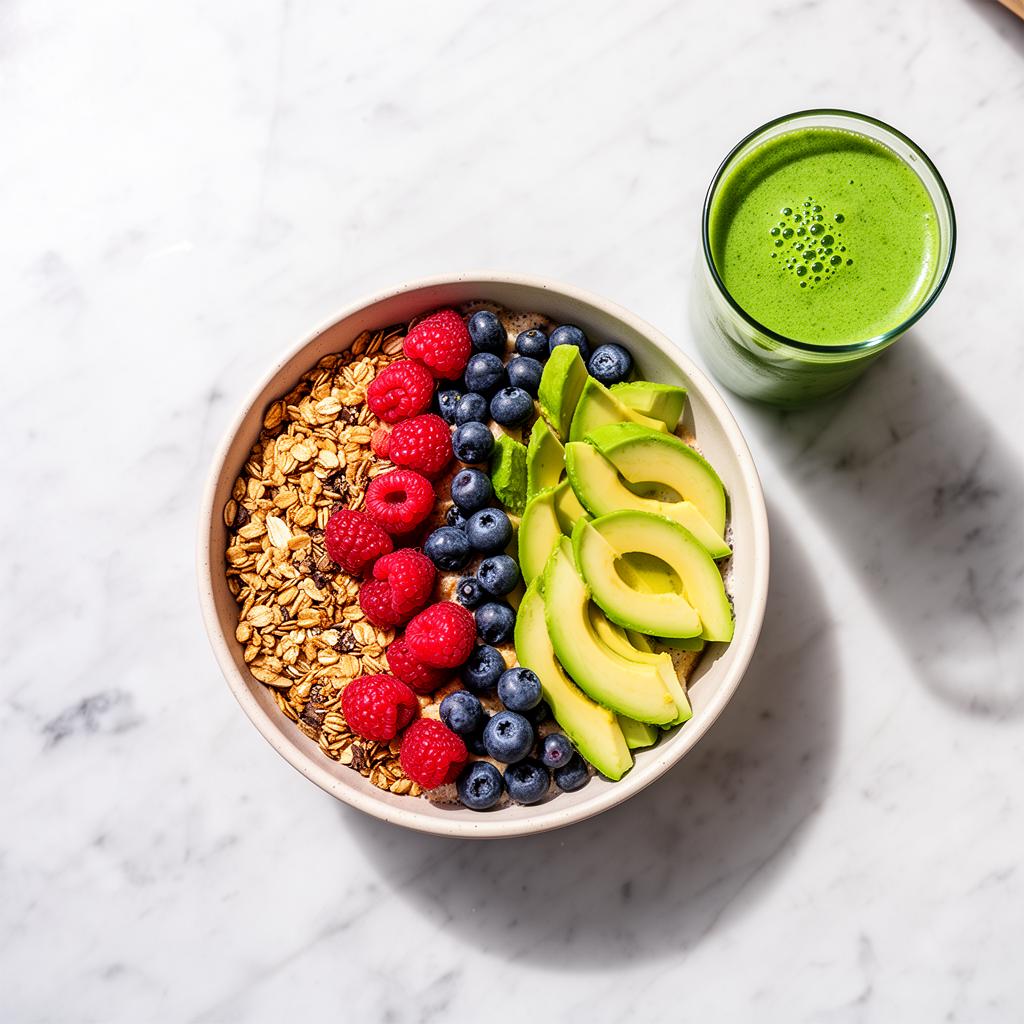 Colorful healthy breakfast bowl with berries and avocado